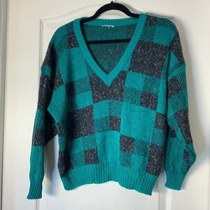 Vintage Checkered V-Neck Knit Sweater Teal Turquoise & Speckled Grey  Cozy Retro